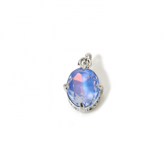 Picture of 1 Piece Eco-friendly Brass & Glass Geometric Charms Real Platinum Plated Blue AB Rainbow Color Oval Micro Pave Clear Cubic Zirconia 17mm x 10mm
