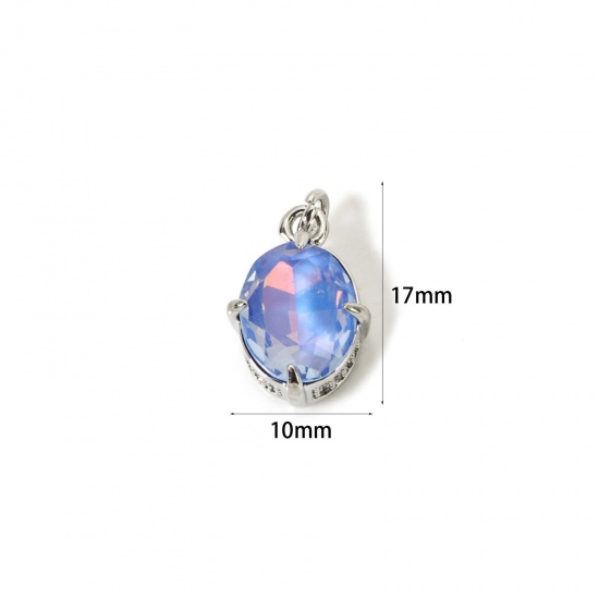 Picture of 1 Piece Eco-friendly Brass & Glass Geometric Charms Real Platinum Plated Blue AB Rainbow Color Oval Micro Pave Clear Cubic Zirconia 17mm x 10mm