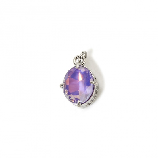 Picture of 1 Piece Eco-friendly Brass & Glass Geometric Charms Real Platinum Plated Purple AB Rainbow Color Oval Micro Pave Clear Cubic Zirconia 17mm x 10mm