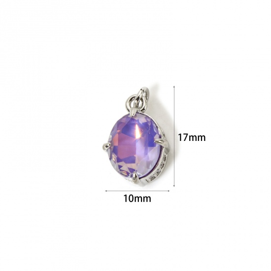 Picture of 1 Piece Eco-friendly Brass & Glass Geometric Charms Real Platinum Plated Purple AB Rainbow Color Oval Micro Pave Clear Cubic Zirconia 17mm x 10mm