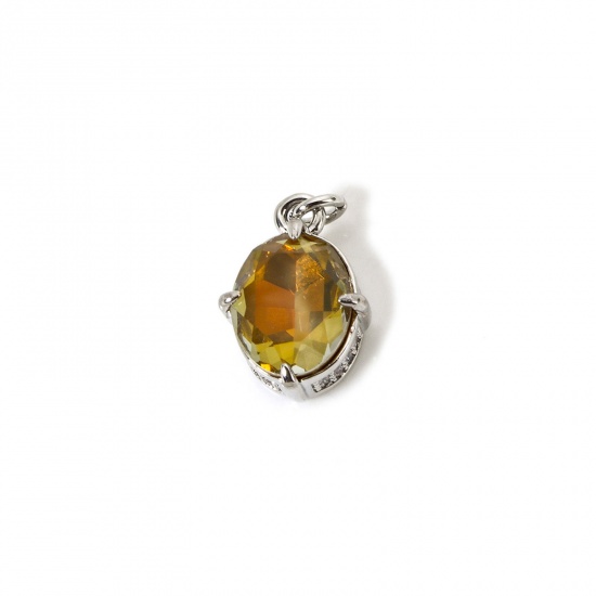 Picture of 1 Piece Eco-friendly Brass & Glass Geometric Charms Real Platinum Plated Champagne AB Rainbow Color Oval Micro Pave Clear Cubic Zirconia 17mm x 10mm