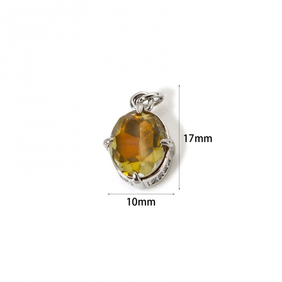 Picture of 1 Piece Eco-friendly Brass & Glass Geometric Charms Real Platinum Plated Champagne AB Rainbow Color Oval Micro Pave Clear Cubic Zirconia 17mm x 10mm