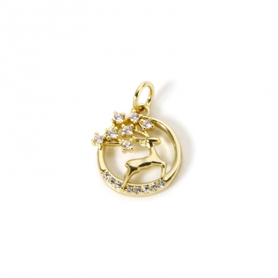 Immagine di 2 Pz Ecologico Ottone Natale Ciondoli 18K Vero Oro Placcato Tondo Cervo Micro Spianare Trasparente Cubic Zirconiae 18mm x 13mm