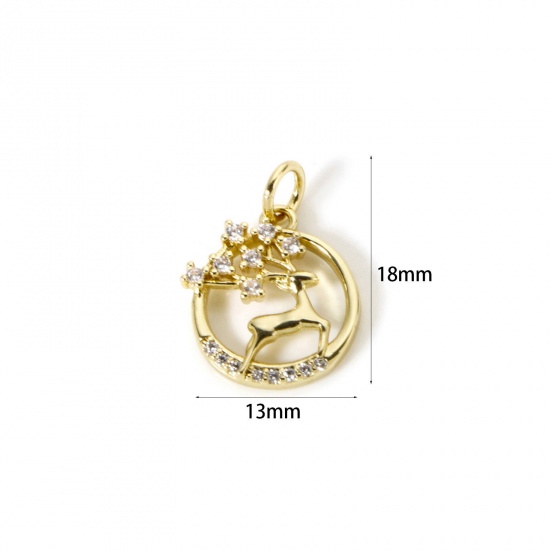 Immagine di 2 Pz Ecologico Ottone Natale Ciondoli 18K Vero Oro Placcato Tondo Cervo Micro Spianare Trasparente Cubic Zirconiae 18mm x 13mm