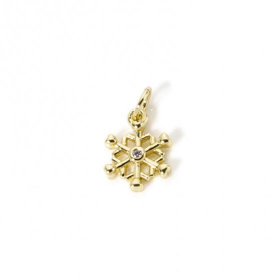 Immagine di 2 Pz Ecologico Ottone Natale Ciondoli 18K Vero Oro Placcato Natale Fiocco di Neve Micro Spianare Trasparente Cubic Zirconiae 12mm x 7mm
