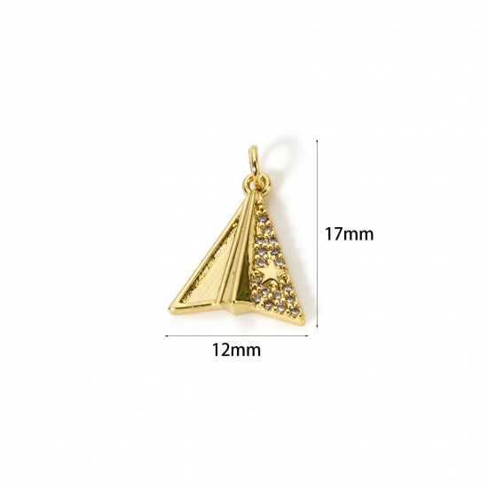 Image de 2 Pcs Breloques Origami Respectueux de la Nature en Laiton Plaqué Or Véritable 18K Avion en Origami Etoile Micro Pave à Zircone Cubique Clair 17mm x 12mm