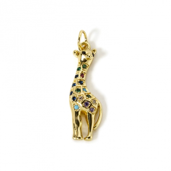 Immagine di 1 Pz Ecologico Ottone Ciondoli Pendenti 18K Vero Oro Placcato Giraffe Micro Spianare Multicolore Cubic Zirconiae 3cm x 0.9cm