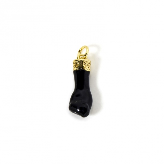 Image de 1 Pièce Breloques Respectueux de la Nature en Laiton Plaqué Or Véritable 18K Noir Émail Geste de Poing Fermé 3D 23mm x 7mm