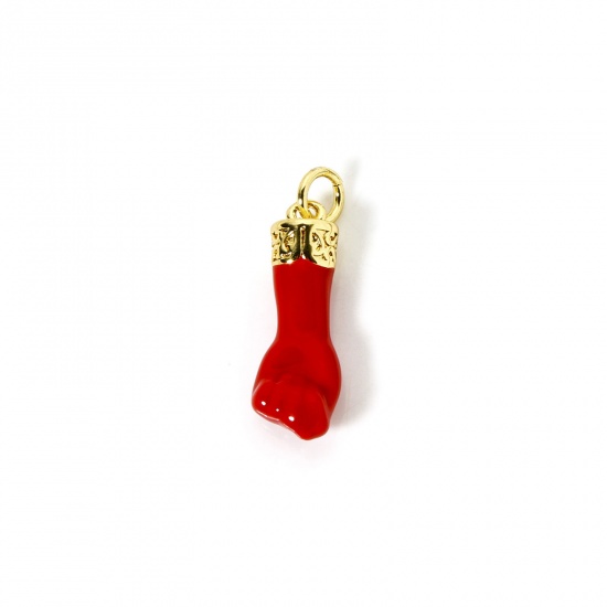 Image de 1 Pièce Breloques Respectueux de la Nature en Laiton Plaqué Or Véritable 18K Rouge Émail Geste de Poing Fermé 3D 23mm x 7mm