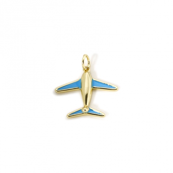 Image de 2 Pcs Breloques Voyage Respectueux de la Nature en Laiton Plaqué Or Véritable 18K Bleu Émail Avion 3D 20mm x 19mm