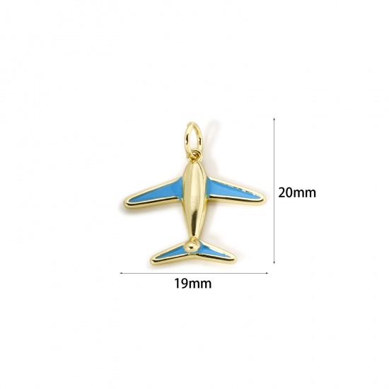Image de 2 Pcs Breloques Voyage Respectueux de la Nature en Laiton Plaqué Or Véritable 18K Bleu Émail Avion 3D 20mm x 19mm
