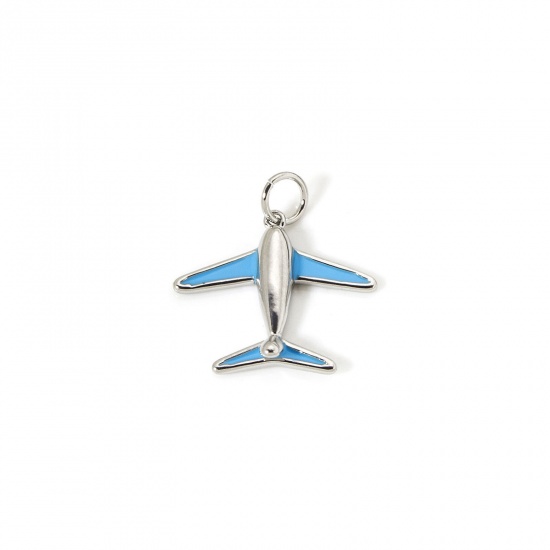 Image de 2 Pcs Breloques Voyage Respectueux de la Nature en Laiton Plaqué Platine Véritable Bleu Émail Avion 3D 20mm x 19mm