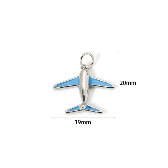 Image de 2 Pcs Breloques Voyage Respectueux de la Nature en Laiton Plaqué Platine Véritable Bleu Émail Avion 3D 20mm x 19mm