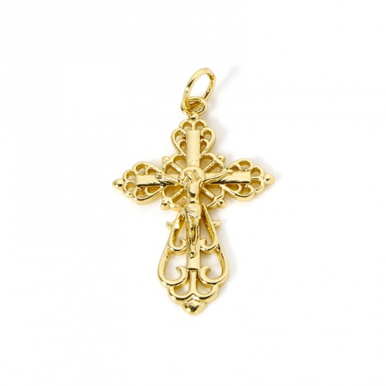 Image de 1 Pièce Breloques Religieux Respectueux de la Nature en Laiton Plaqué Or Véritable 18K Croix Creux 29mm x 18mm