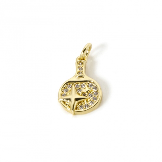 Picture of 1 Piece Eco-friendly Brass Sport Charms 18K Real Gold Plated Table Tennis Paddle Bat Star Micro Pave Clear Cubic Zirconia 19mm x 10mm