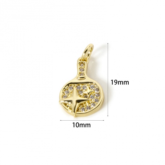 Picture of 1 Piece Eco-friendly Brass Sport Charms 18K Real Gold Plated Table Tennis Paddle Bat Star Micro Pave Clear Cubic Zirconia 19mm x 10mm