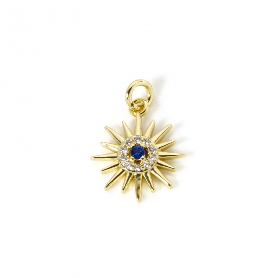 Picture of 1 Piece Eco-friendly Brass Galaxy Charms 18K Real Gold Plated Sun Micro Pave Deep Blue Cubic Zirconia 16mm x 12mm