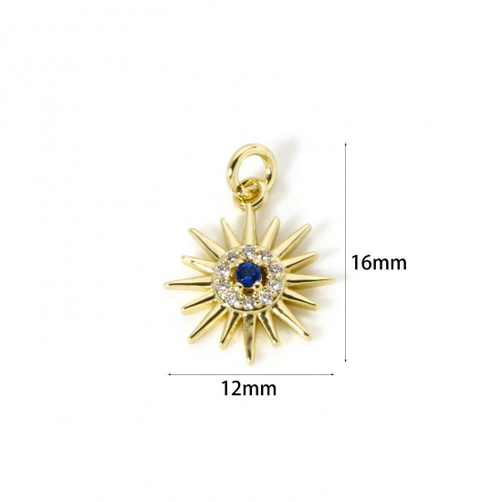 Picture of 1 Piece Eco-friendly Brass Galaxy Charms 18K Real Gold Plated Sun Micro Pave Deep Blue Cubic Zirconia 16mm x 12mm