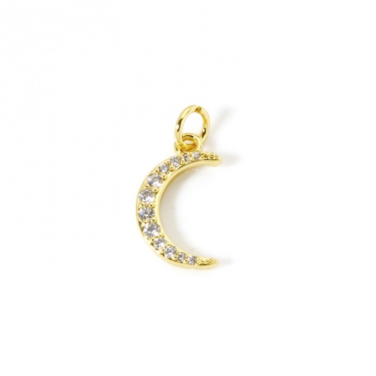 Picture of 1 Piece Eco-friendly Brass Galaxy Charms 18K Real Gold Plated Crescent Moon Micro Pave Clear Cubic Zirconia 18mm x 9mm