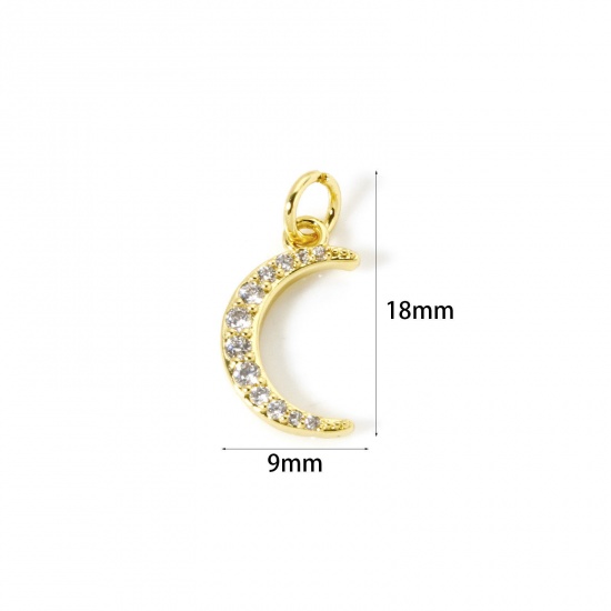 Picture of 1 Piece Eco-friendly Brass Galaxy Charms 18K Real Gold Plated Crescent Moon Micro Pave Clear Cubic Zirconia 18mm x 9mm