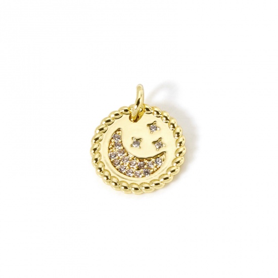 Picture of 1 Piece Eco-friendly Brass Galaxy Charms 18K Real Gold Plated Round Moon Micro Pave Clear Cubic Zirconia 15mm x 12mm