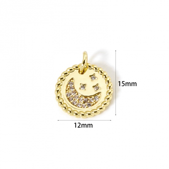 Picture of 1 Piece Eco-friendly Brass Galaxy Charms 18K Real Gold Plated Round Moon Micro Pave Clear Cubic Zirconia 15mm x 12mm