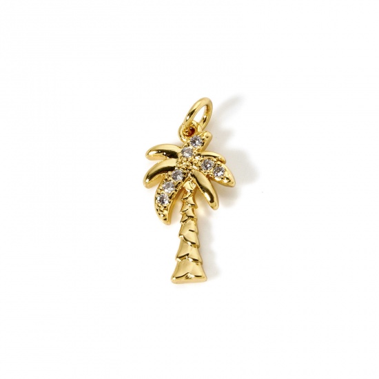 Picture of 2 PCs Eco-friendly Brass Flora Collection Charms 18K Real Gold Plated Coconut Palm Tree Micro Pave Clear Cubic Zirconia 22mm x 11mm