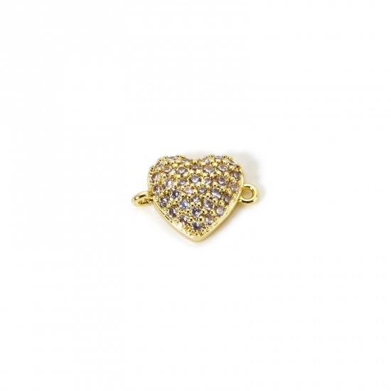 Picture of 1 Piece Eco-friendly Brass Valentine's Day Connectors Charms Pendants 18K Real Gold Plated Heart Micro Pave Clear Cubic Zirconia 15mm x 11mm