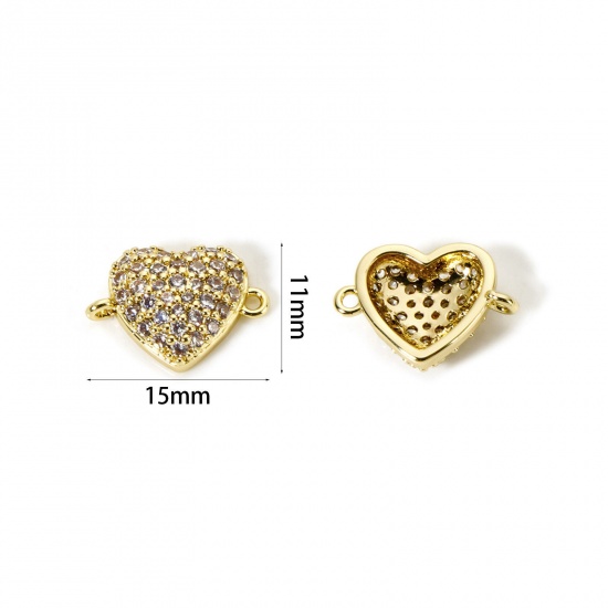 Picture of 1 Piece Eco-friendly Brass Valentine's Day Connectors Charms Pendants 18K Real Gold Plated Heart Micro Pave Clear Cubic Zirconia 15mm x 11mm