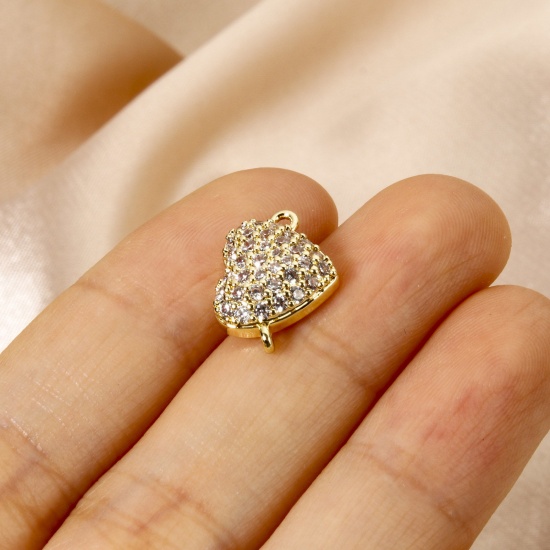 Picture of 1 Piece Eco-friendly Brass Valentine's Day Connectors Charms Pendants 18K Real Gold Plated Heart Micro Pave Clear Cubic Zirconia 15mm x 11mm