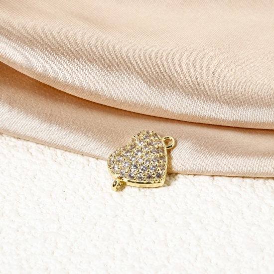 Picture of 1 Piece Eco-friendly Brass Valentine's Day Connectors Charms Pendants 18K Real Gold Plated Heart Micro Pave Clear Cubic Zirconia 15mm x 11mm
