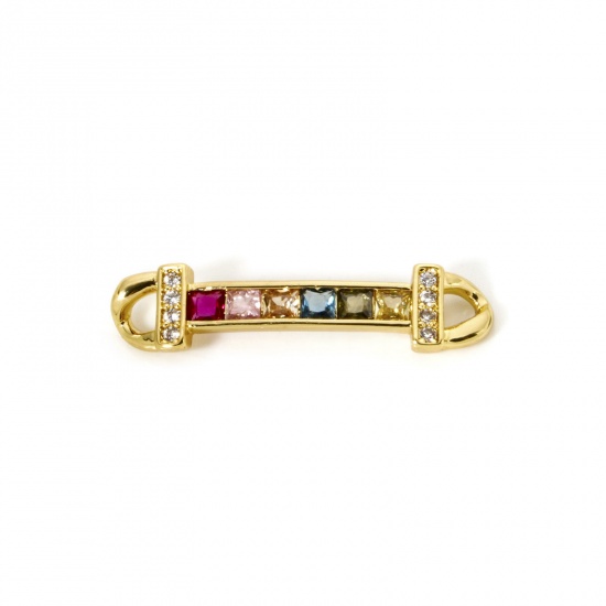 Picture of 1 Piece Eco-friendly Brass Connectors Charms Pendants 18K Real Gold Plated Strip Micro Pave Multicolour Cubic Zirconia 3.4cm x 0.8cm