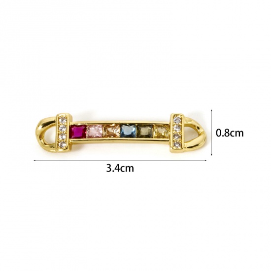Picture of 1 Piece Eco-friendly Brass Connectors Charms Pendants 18K Real Gold Plated Strip Micro Pave Multicolour Cubic Zirconia 3.4cm x 0.8cm