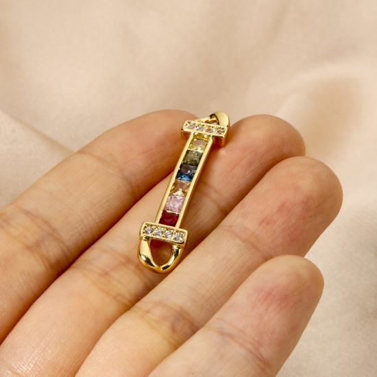 Picture of 1 Piece Eco-friendly Brass Connectors Charms Pendants 18K Real Gold Plated Strip Micro Pave Multicolour Cubic Zirconia 3.4cm x 0.8cm