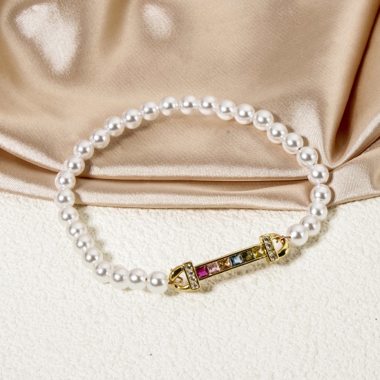 Picture of 1 Piece Eco-friendly Brass Connectors Charms Pendants 18K Real Gold Plated Strip Micro Pave Multicolour Cubic Zirconia 3.4cm x 0.8cm