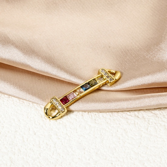 Picture of 1 Piece Eco-friendly Brass Connectors Charms Pendants 18K Real Gold Plated Strip Micro Pave Multicolour Cubic Zirconia 3.4cm x 0.8cm