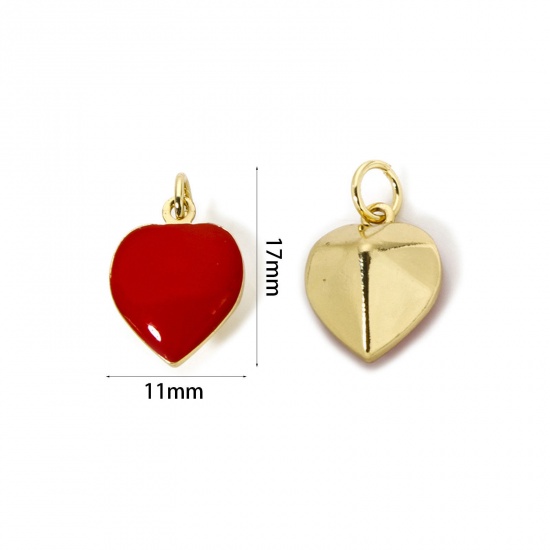 Imagen de 2 Unidades Respetuoso del Medio Ambiente Latón día de San Valentín Colgantes 18K Oro Real Chapado Rojo Esmalte Corazón 17mm x 11mm