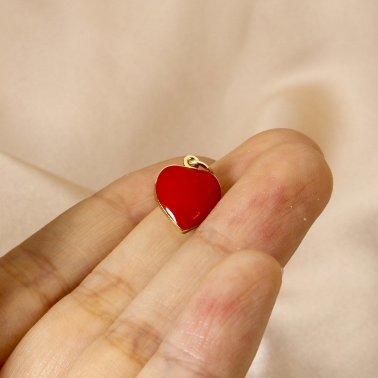 Imagen de 2 Unidades Respetuoso del Medio Ambiente Latón día de San Valentín Colgantes 18K Oro Real Chapado Rojo Esmalte Corazón 17mm x 11mm