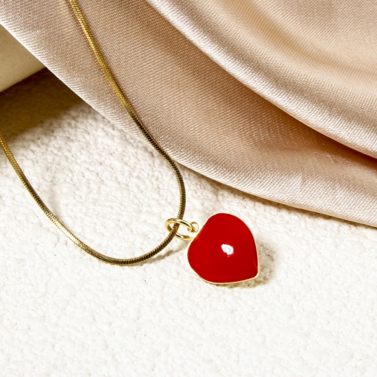 Imagen de 2 Unidades Respetuoso del Medio Ambiente Latón día de San Valentín Colgantes 18K Oro Real Chapado Rojo Esmalte Corazón 17mm x 11mm