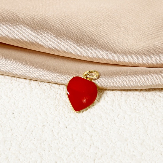 Imagen de 2 Unidades Respetuoso del Medio Ambiente Latón día de San Valentín Colgantes 18K Oro Real Chapado Rojo Esmalte Corazón 17mm x 11mm