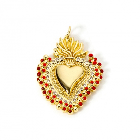 Immagine di 1 Pz Ecologico Ottone Religione Ciondoli Pendenti 18K Vero Oro Placcato Rosso Smalto Ex Voto Cuore Micro Spianare Trasparente Cubic Zirconiae 3.5cm x 2.4cm