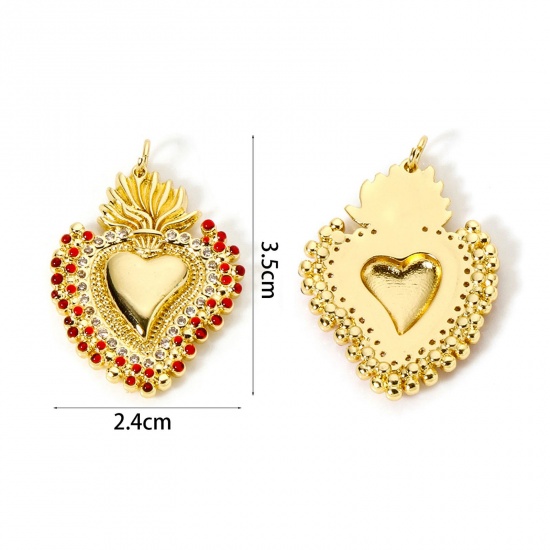 Immagine di 1 Pz Ecologico Ottone Religione Ciondoli Pendenti 18K Vero Oro Placcato Rosso Smalto Ex Voto Cuore Micro Spianare Trasparente Cubic Zirconiae 3.5cm x 2.4cm