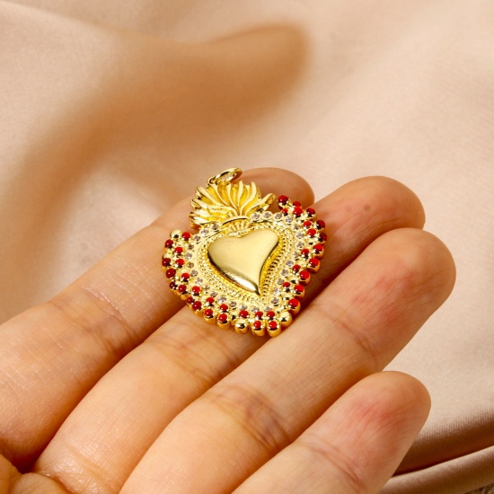 Immagine di 1 Pz Ecologico Ottone Religione Ciondoli Pendenti 18K Vero Oro Placcato Rosso Smalto Ex Voto Cuore Micro Spianare Trasparente Cubic Zirconiae 3.5cm x 2.4cm