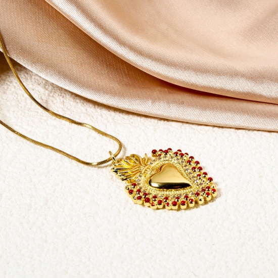 Immagine di 1 Pz Ecologico Ottone Religione Ciondoli Pendenti 18K Vero Oro Placcato Rosso Smalto Ex Voto Cuore Micro Spianare Trasparente Cubic Zirconiae 3.5cm x 2.4cm