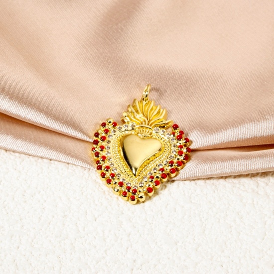 Immagine di 1 Pz Ecologico Ottone Religione Ciondoli Pendenti 18K Vero Oro Placcato Rosso Smalto Ex Voto Cuore Micro Spianare Trasparente Cubic Zirconiae 3.5cm x 2.4cm