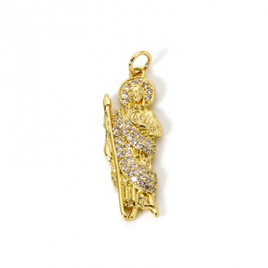 Bild von 1 Piece Eco-friendly Brass Religious Pendants 18K Real Gold Plated Jesus Micro Pave Clear Cubic Zirconia 3.1cm x 1cm