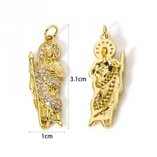 Bild von 1 Piece Eco-friendly Brass Religious Pendants 18K Real Gold Plated Jesus Micro Pave Clear Cubic Zirconia 3.1cm x 1cm