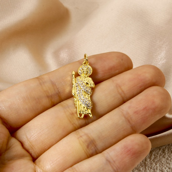 Bild von 1 Piece Eco-friendly Brass Religious Pendants 18K Real Gold Plated Jesus Micro Pave Clear Cubic Zirconia 3.1cm x 1cm