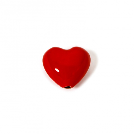 Picture of 1 Piece Eco-friendly Brass Valentine's Day Beads For DIY Jewelry Making 18K Real Gold Plated Red Heart Enamel 20mm x 18.5mm, Hole: Approx 2.5mm