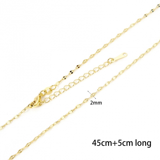 Picture of 2 PCs Eco-friendly Brass Lips Chain Necklace 18K Real Gold Plated With Lobster Claw Clasp And Extender Chain 45cm(17.7") long, Chain Size: 2mm